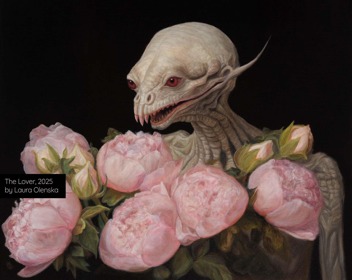 The Lover 2025 Laura Olenska alien oil on canvas painting peonies dark art nz artist peinture a lhuile french francais