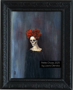 Petite Chose 2025 Laura Olenska oil painting on linen NZ new zeland france french gothic goth macabre vanite red roses flowers dark death decay