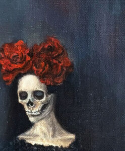 Petite Chose 2025 Laura Olenska oil painting on linen NZ new zeland france french gothic goth macabre vanite red roses flowers dark death decay