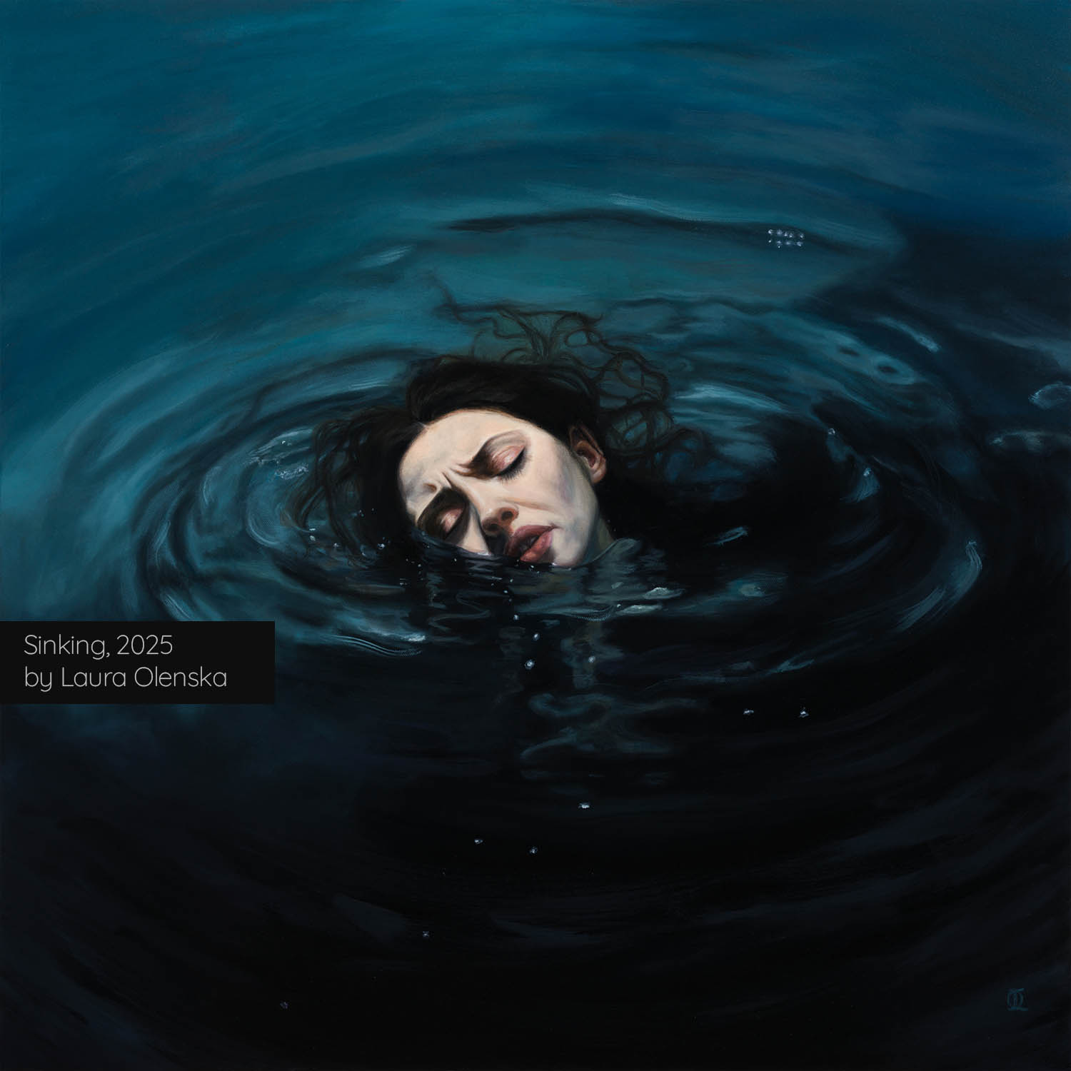 Sinking 2025 Laura Olenska oil painting peinture a lhuile art water eau noyade coule femme woman drowning pleasure pain