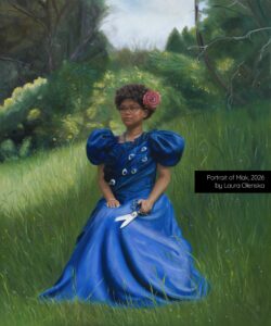 Portrait of Mak Laura Olenska oil painting black woman canadian blue dress costume maker Makini Calliste Wollard Moubt Victoria enchanted eyeballs