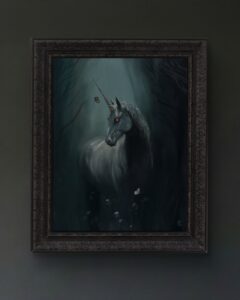 Night Breath 2026 unicorn oil painting art nz france artist Laura Olenska fantasy dark red eyes