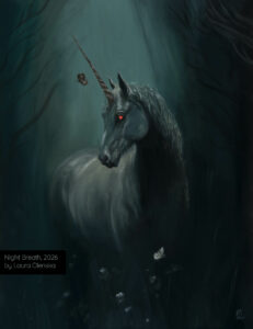 Night Breath 2026 unicorn oil painting art nz france artist Laura Olenska fantasy dark red eyes