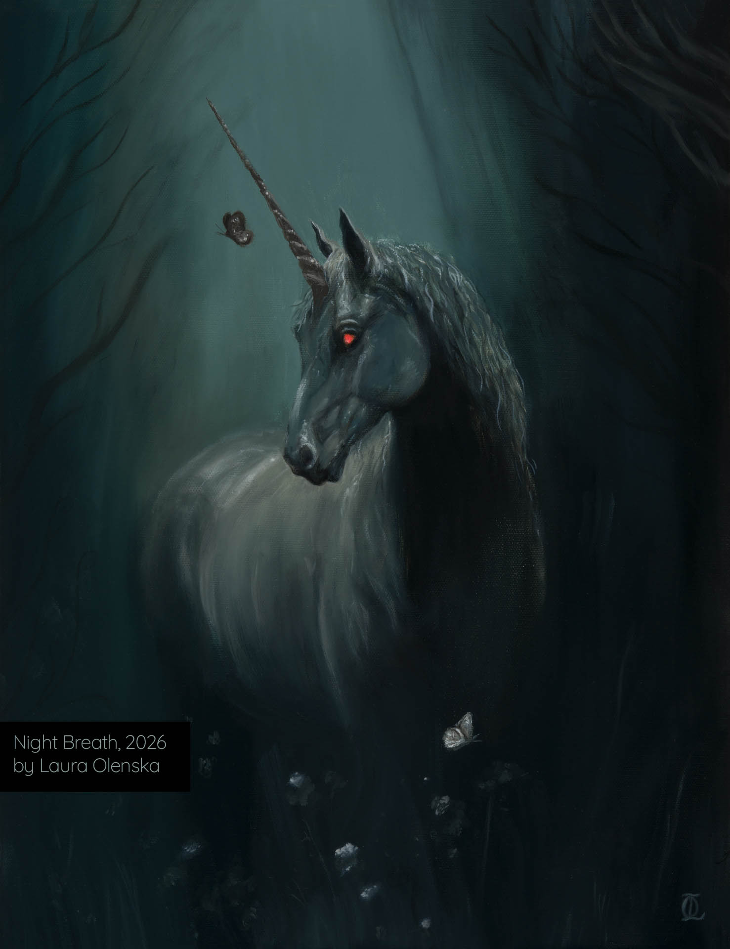 Night Breath 2026 unicorn oil painting art nz france artist Laura Olenska fantasy dark red eyes
